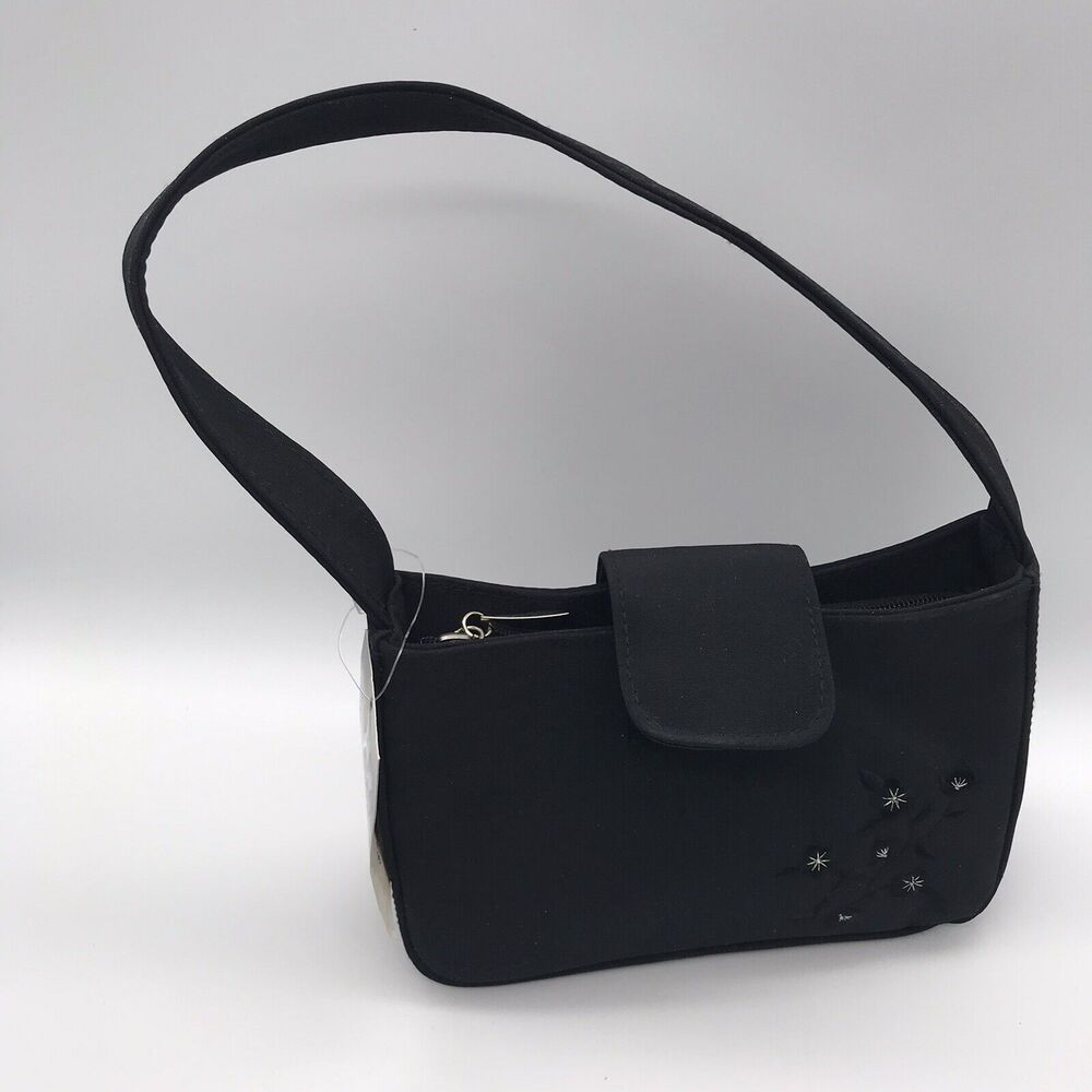 Little Black Purse Embroidered Floral Satiny Evening Bag Top Handle Strap Zips